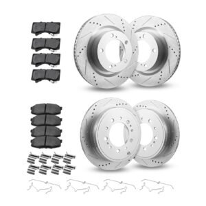 Front & Rear Ceramic Brake Kit Compatible with 2016-2021 Lexus LX570, 2016-2021 Toyota Land Cruiser, Drilled and Slotted Brake Rotors Ceramic Brake Pads Replacement Kit, 14 inch Front Rotors