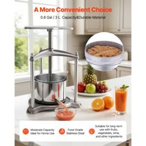 fruit wine press, 0.8 gallon/3l, stainless steel manual juice maker with powerful t shaped handle, juice making for apple/grape/orange/berry, cheese/tincture/herbal press, for kitchen home