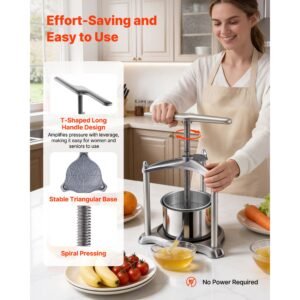 fruit wine press, 0.8 gallon/3l, stainless steel manual juice maker with powerful t shaped handle, juice making for apple/grape/orange/berry, cheese/tincture/herbal press, for kitchen home