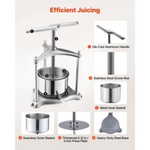 fruit wine press, 0.8 gallon/3l, stainless steel manual juice maker with powerful t shaped handle, juice making for apple/grape/orange/berry, cheese/tincture/herbal press, for kitchen home