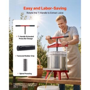 fruit wine press, 3.96gal/15l, stainless steel manual juice maker, heavy duty t shaped handle & cross beam for cider apple grape vegetable press, with 2 filter bags, for kitchen home brewing