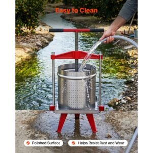 fruit wine press, 3.96gal/15l, stainless steel manual juice maker, heavy duty t shaped handle & cross beam for cider apple grape vegetable press, with 2 filter bags, for kitchen home brewing
