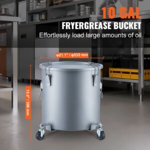 fryer grease bucket, 10 gal oil disposal caddy with caster base, carbon steel rust proof coating, oil transport container with lid, lock clips, filter bag for hot cooking oil filtering, gray