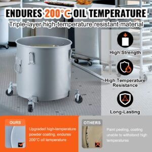 fryer grease bucket, 10 gal oil disposal caddy with caster base, carbon steel rust proof coating, oil transport container with lid, lock clips, filter bag for hot cooking oil filtering, gray