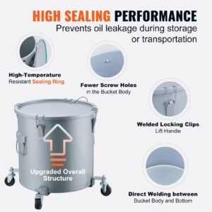 fryer grease bucket, 10 gal oil disposal caddy with caster base, carbon steel rust proof coating, oil transport container with lid, lock clips, filter bag for hot cooking oil filtering, gray