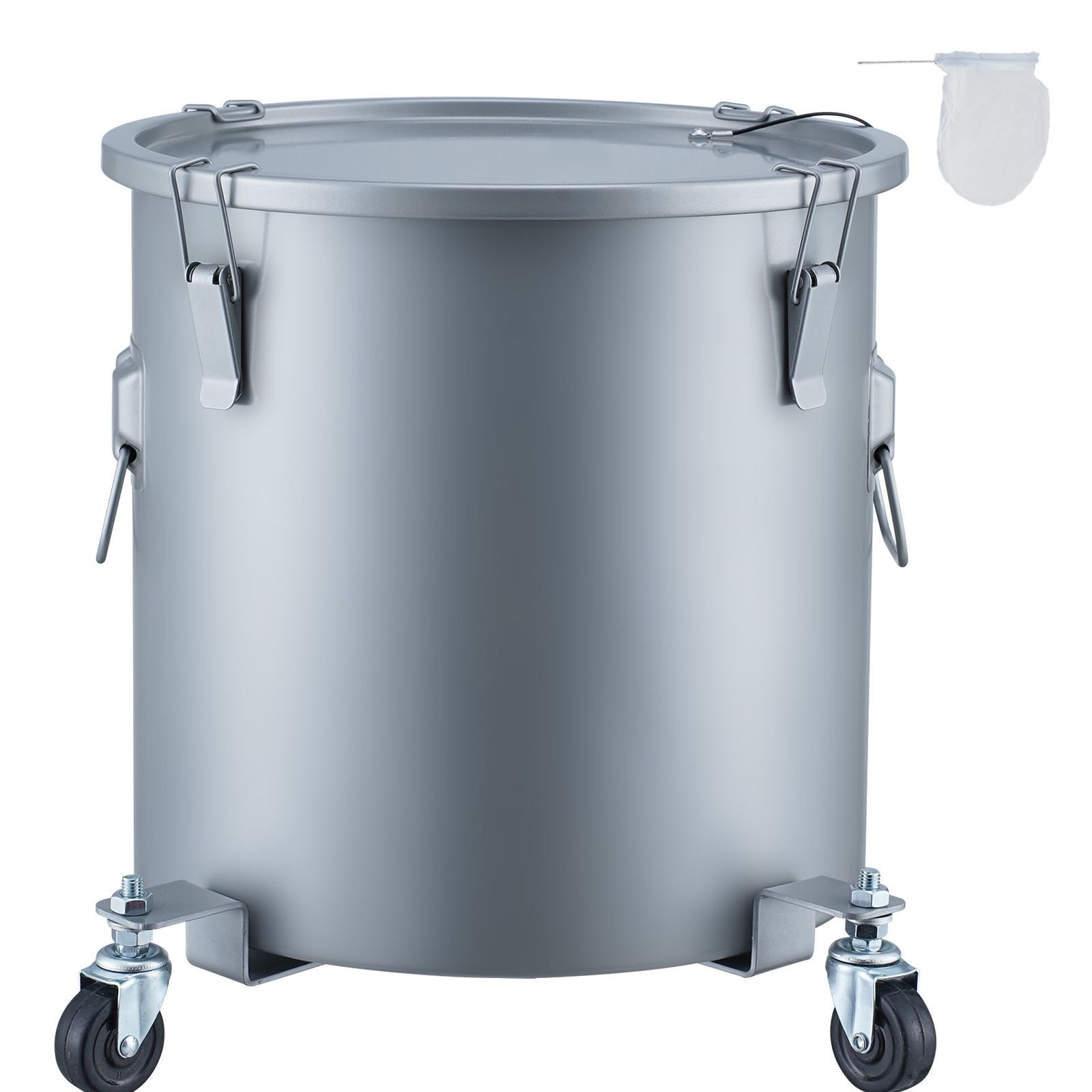 fryer grease bucket, 10 gal oil disposal caddy with caster base, carbon steel rust proof coating, oil transport container with lid, lock clips, filter bag for hot cooking oil filtering, gray