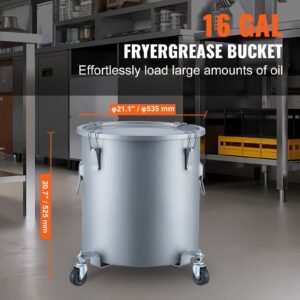 fryer grease bucket, 16 gal oil disposal caddy with caster base, carbon steel rust proof coating, oil transport container with lid, lock clips, filter bag for hot cooking oil filtering, gray