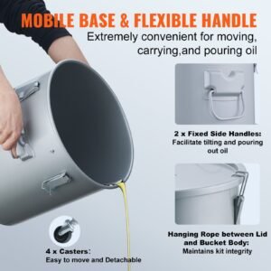 fryer grease bucket, 16 gal oil disposal caddy with caster base, carbon steel rust proof coating, oil transport container with lid, lock clips, filter bag for hot cooking oil filtering, gray