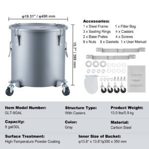 fryer grease bucket, 8 gal oil disposal caddy with caster base, carbon steel with rust proof coating, oil transport container with lid, lock clips, filter bag for hot cooking oil filtering, gray