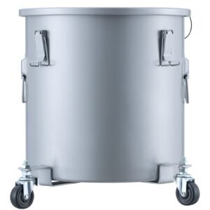 fryer grease bucket, 8 gal oil disposal caddy with caster base, carbon steel with rust proof coating, oil transport container with lid, lock clips, filter bag for hot cooking oil filtering, gray