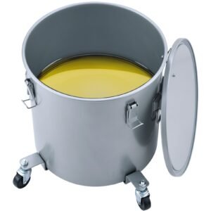 fryer grease bucket, 8 gal oil disposal caddy with caster base, carbon steel with rust proof coating, oil transport container with lid, lock clips, filter bag for hot cooking oil filtering, gray