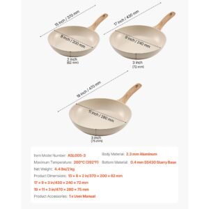 frying pan skillet, aluminum egg fry pans, 3 piece (8, 9.5, 11 in), nonsitck ceramic heavy duty skillets with heat resistant handle, chef's kitchen cookware for gas, electric, induction, beige
