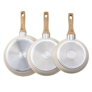 frying pan skillet, aluminum egg fry pans, 3 piece (8, 9.5, 11 in), nonsitck ceramic heavy duty skillets with heat resistant handle, chef's kitchen cookware for gas, electric, induction, beige