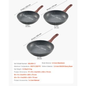 frying pan skillet, aluminum egg fry pans, 3 piece set (9.5, 11, 12 in), nonsitck heavy duty skillets with heat resistant handle, chef's kitchen cookware, for gas, electric, induction, grey