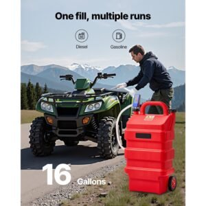 fuel caddy, 16 gallon, portable fuel tank with 12v dc 2.5 gpm electric fuel transfer pump, 4 ft delivery hose & auto stop sensor nozzle, tank adapters, suitable for diesel & gasoline, red