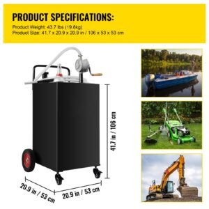 fuel caddy, 35 gallon, gas storage tank on 4 wheels, with manual transfer pump, gasoline diesel fuel container for cars, lawn mowers, atvs, boats, more, black
