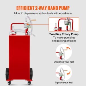 fuel caddy, 35 gallon, gas storage tank on 4 wheels, with manuel transfer pump, gasoline diesel fuel container for cars, lawn mowers, atvs, boats, more, red