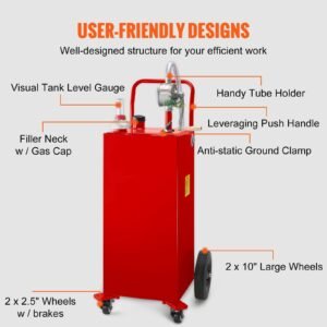 fuel caddy, 35 gallon, gas storage tank on 4 wheels, with manuel transfer pump, gasoline diesel fuel container for cars, lawn mowers, atvs, boats, more, red