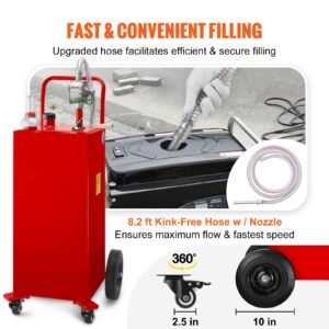 fuel caddy, 35 gallon, gas storage tank on 4 wheels, with manuel transfer pump, gasoline diesel fuel container for cars, lawn mowers, atvs, boats, more, red