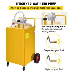 fuel caddy, 35 gallon, gas storage tank on 4 wheels, with manuel transfer pump, gasoline diesel fuel container for cars, lawn mowers, atvs, boats, more, yellow