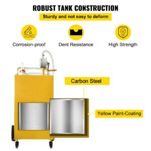 fuel caddy, 35 gallon, gas storage tank on 4 wheels, with manuel transfer pump, gasoline diesel fuel container for cars, lawn mowers, atvs, boats, more, yellow