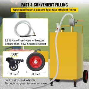 fuel caddy, 35 gallon, gas storage tank on 4 wheels, with manuel transfer pump, gasoline diesel fuel container for cars, lawn mowers, atvs, boats, more, yellow