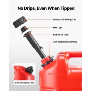 fuel container, 5 gallon, gas tank with spout & clear scale, 15 l/min max flow rate, secure & leak proof, portable flat fluid container for most cars motorcycle atv utv, red, 2 packs