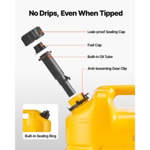 fuel container, 5 gallon, gas tank with spout & clear scale, 15 l/min max flow rate, secure & leak proof, portable flat fluid container for most cars motorcycle suv atv utv, yellow, 2 packs