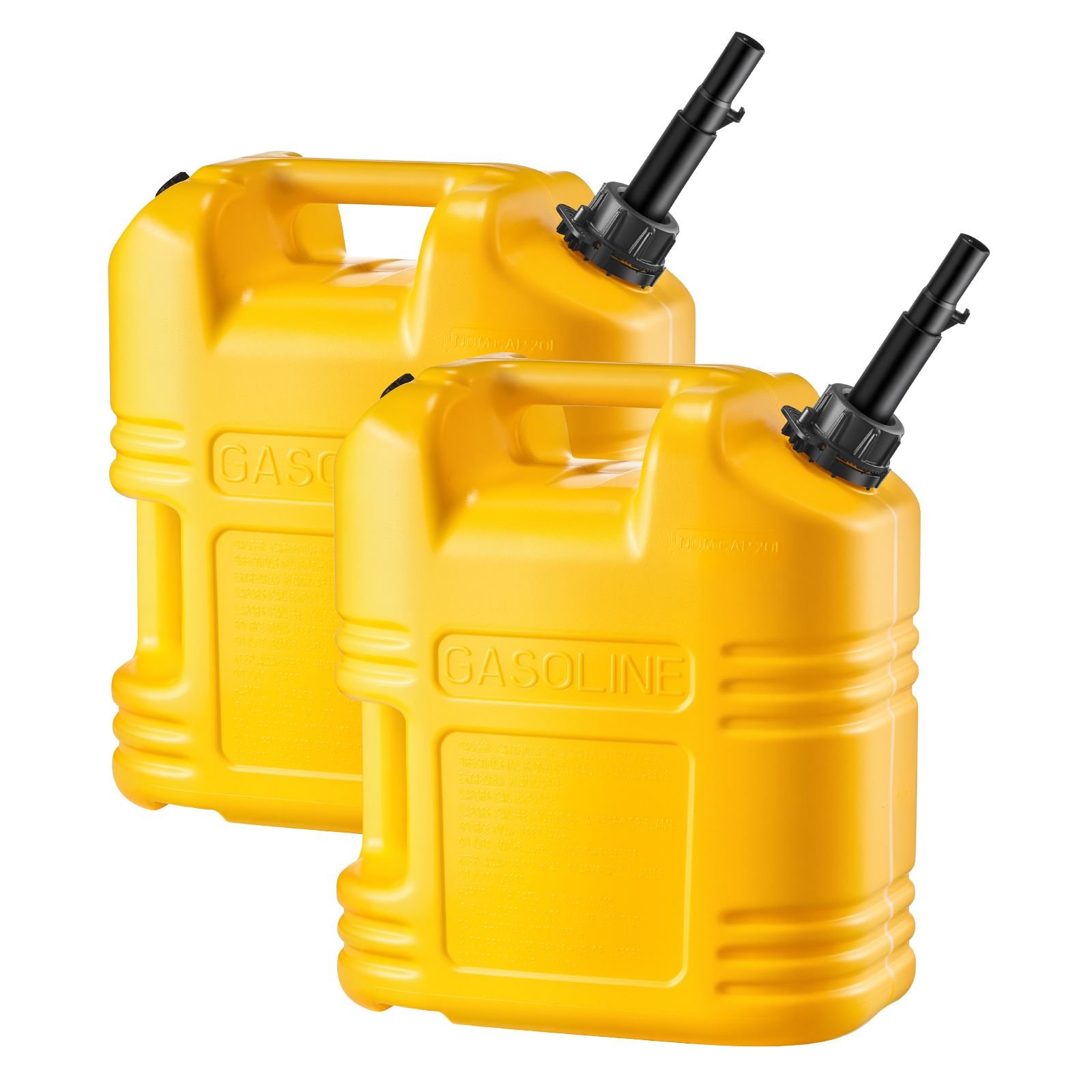 fuel container, 5 gallon, gas tank with spout & clear scale, 15 l/min max flow rate, secure & leak proof, portable flat fluid container for most cars motorcycle suv atv utv, yellow, 2 packs