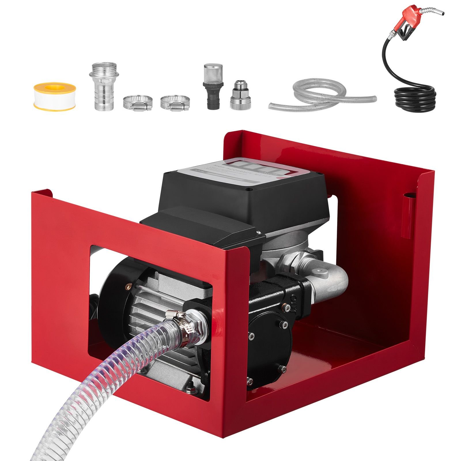 fuel transfer pump 110v, 16 gpm 60 l/min, ac electric oil transfer pump for diesel kerosene biodiesel, with meter, auto fuel nozzle & 2 hoses, 45 ft/13.7 m lift, for vehicles, construction sites