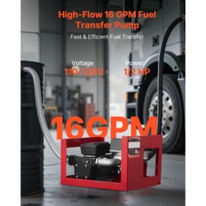 fuel transfer pump 110v, 16 gpm 60 l/min, ac electric oil transfer pump for diesel kerosene biodiesel, with meter, auto fuel nozzle & 2 hoses, 45 ft/13.7 m lift, for vehicles, construction sites