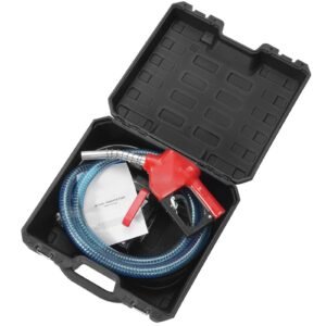 fuel transfer pump, 12v dc 10 gpm 1/4 hp, portable electric diesel transfer pump with automatic shut off fuel nozzle, high flow, long inlet & outlet hose for diesel, kerosene, transformer fuel