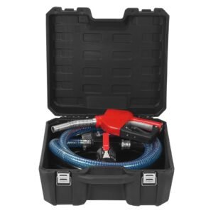 fuel transfer pump, 12v dc 10 gpm 1/4 hp, portable electric diesel transfer pump with automatic shut off fuel nozzle, high flow, long inlet & outlet hose for diesel, kerosene, transformer fuel