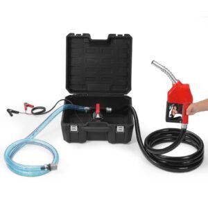 fuel transfer pump, 12v dc 10 gpm 1/4 hp, portable electric diesel transfer pump with automatic shut off fuel nozzle, high flow, long inlet & outlet hose for diesel, kerosene, transformer fuel