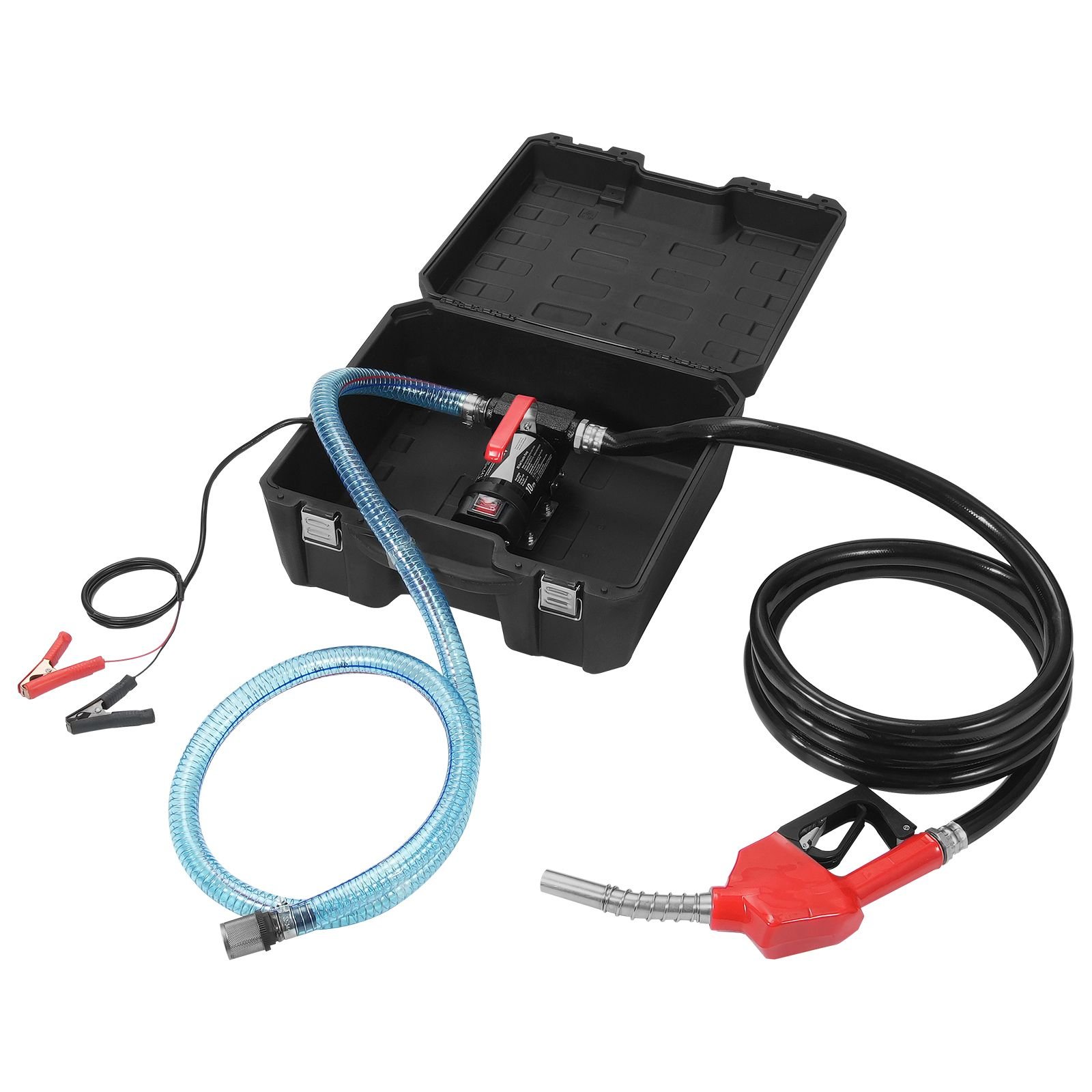 fuel transfer pump, 12v dc 10 gpm 1/4 hp, portable electric diesel transfer pump with automatic shut off fuel nozzle, high flow, long inlet & outlet hose for diesel, kerosene, transformer fuel