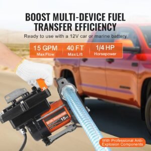 fuel transfer pump, 12v dc 15 gpm 1/4 hp, portable electric diesel transfer pump with auto shut off fuel nozzle, long inlet & outlet hose for gasoline, diesel, kerosene, methanol blends