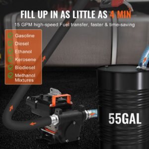 fuel transfer pump, 12v dc 15 gpm 1/4 hp, portable electric diesel transfer pump with auto shut off fuel nozzle, long inlet & outlet hose for gasoline, diesel, kerosene, methanol blends