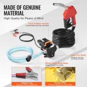 fuel transfer pump, 12v dc 15 gpm 1/4 hp, portable electric diesel transfer pump with auto shut off fuel nozzle, long inlet & outlet hose for gasoline, diesel, kerosene, methanol blends