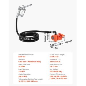 fuel transfer pump, 12v dc 15 gpm, cast iron diesel transfer pump kit, with manual nozzle, discharge hose, overheat protection, power cable, explosion proof, for gasoline diesel kerosene & more