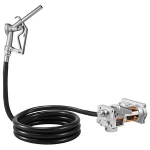 fuel transfer pump, 12v dc 15 gpm, cast iron diesel transfer pump kit, with manual shut off nozzle, discharge hose, overheat protection, 1/3 hp explosion proof, for gasoline diesel kerosene