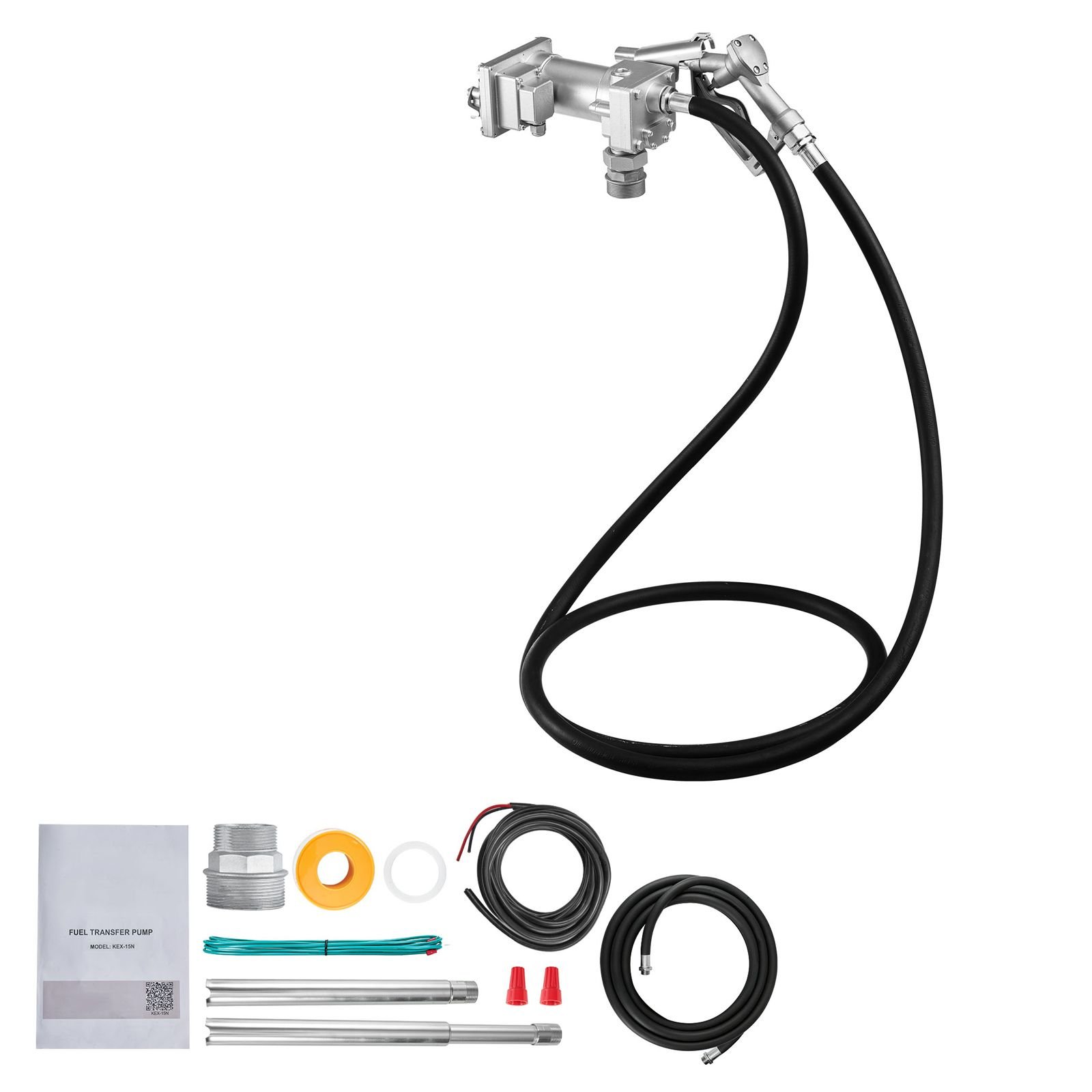 fuel transfer pump, 12v dc 15 gpm, cast iron diesel transfer pump kit, with manual shut off nozzle, discharge hose, overheat protection, 1/3 hp explosion proof, for gasoline diesel kerosene