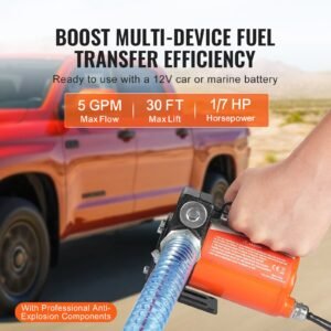 fuel transfer pump, 12v dc 5.3 gpm 1/10 hp, portable electric diesel transfer pump with auto shut off fuel nozzle, long inlet & outlet hose for gasoline, diesel, kerosene, methanol blends