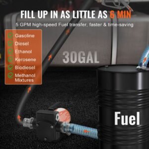 fuel transfer pump, 12v dc 5.3 gpm 1/10 hp, portable electric diesel transfer pump with auto shut off fuel nozzle, long inlet & outlet hose for gasoline, diesel, kerosene, methanol blends
