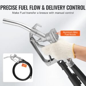fuel transfer pump, 12v dc 5.3 gpm 1/10 hp, portable electric diesel transfer pump with auto shut off fuel nozzle, long inlet & outlet hose for gasoline, diesel, kerosene, methanol blends