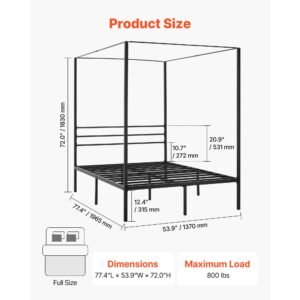 full size canopy bed frame, metal canopy bed with four posters design, heavy duty steel slats support, underbed storage space, no box spring needed, easy assembly, black