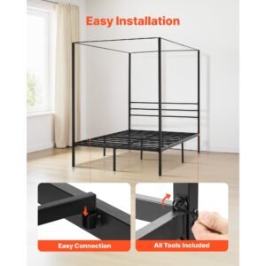 full size canopy bed frame, metal canopy bed with four posters design, heavy duty steel slats support, underbed storage space, no box spring needed, easy assembly, black