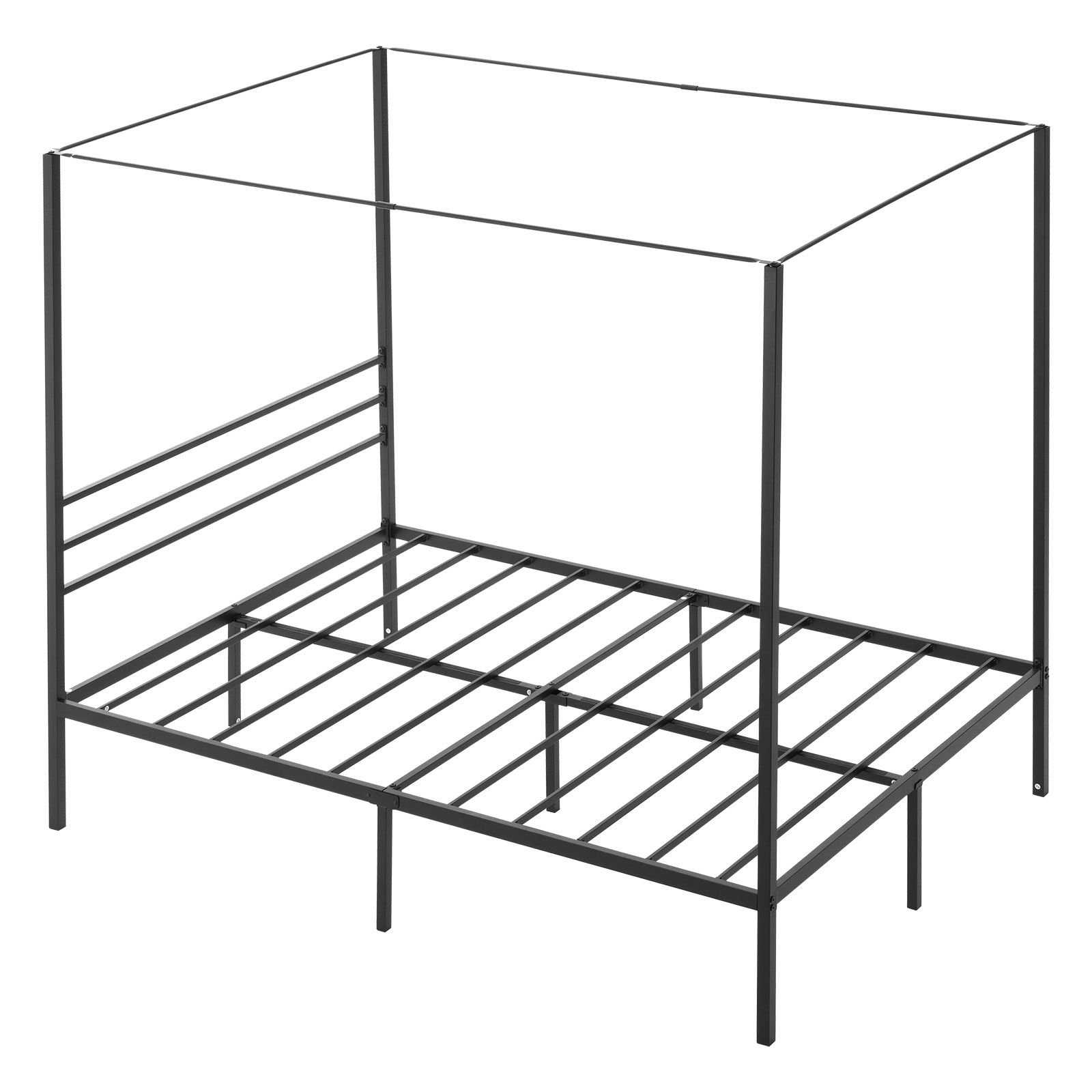 full size canopy bed frame, metal canopy bed with four posters design, heavy duty steel slats support, underbed storage space, no box spring needed, easy assembly, black