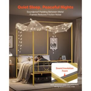 full size canopy bed frame, metal canopy bed with minimalist headboard & four posters design, heavy duty steel slats support, underbed storage space, no box spring needed, easy assembly, gold