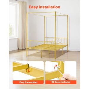 full size canopy bed frame, metal canopy bed with minimalist headboard & four posters design, heavy duty steel slats support, underbed storage space, no box spring needed, easy assembly, gold