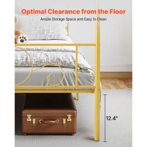 full size canopy bed frame, metal canopy bed with minimalist headboard & four posters design, heavy duty steel slats support, underbed storage space, no box spring needed, easy assembly, gold